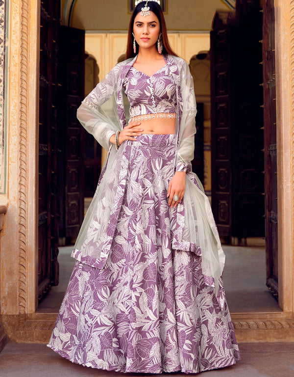 Exquisite Floral Print Lehenga Choli Collection Faded Purple Finest Crushed Silk Lehenga Choli Front View